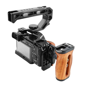 Universal Camera Cage Side Handle Wooden Grip Cold Shoe Mount